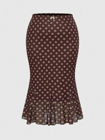 ROMWE Avant Plus Size Colorblock Polka Dot Fishtail Skirt For Vacation
