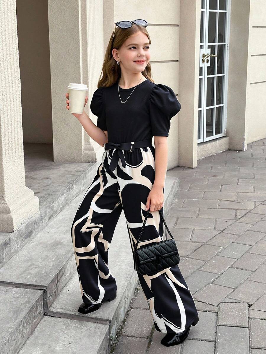 SHEIN Tween Girl Fitted Casual Geometric Pattern Patchwork Short-Sleeved Wide-Leg Jumpsuit - Black - View 1