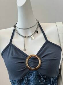 SHEIN EZwear Top sin espalda con cuello de halter y estampado retro de malla, para concierto de verano en el campo