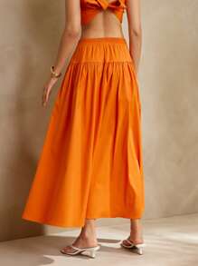 L'Amorae Falda larga de verano tipo línea A de color naranja sólido para vacaciones y playa con abertura lateral, verano, vacaciones, 4 de julio, playa - Naranja - Ver 4