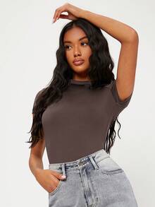 SHEIN BASICS Solid Form Fitted Tee/Summer - Mocha Brown - View 3