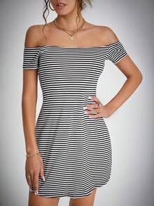 SHEIN Tall Striped Print Off Shoulder Dress,Tea Party Dress,Summer Dresses For Women - Black and White - View 5
