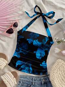 Modelyn Blue Floral Print Sleeveless Tie Neck Women Knit Textured Fitted Tank Top, Suitable For Summer