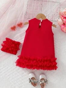 SHEIN Glamorique Kids 2件套女婴甜美可爱网纱薄纱公主裙带收纳袋 - 紅色 - 查看 3