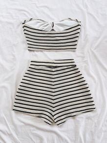 Soleia Set de 2 piese cu top scurt cu dungi și pantaloni scurți cu talie înaltă pentru femei, potrivit pentru vacanță, întâlnire, ceai de după-amiază, plajă, croazieră, excursie în oraș, festival de muzică, stil boho