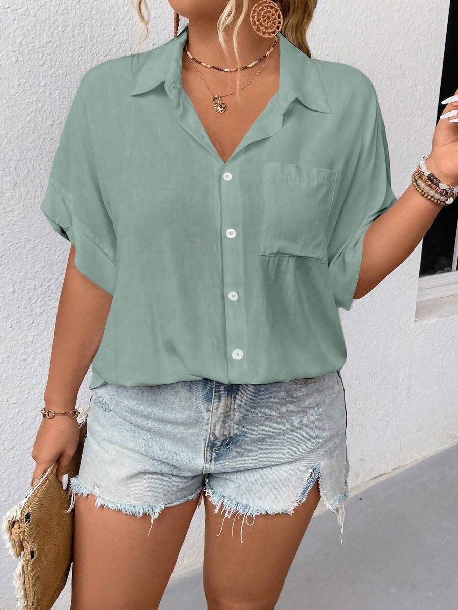 Linhara Plus Size Women's Solid Color Batwing Sleeve Single-Breasted Pocket Casual Shirt - Green - View 1