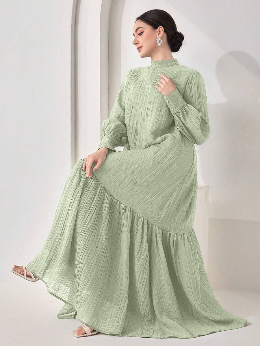 Veilorie Women's Solid Color Mandarin Collar Long Sleeve Ruffled Hem Casual Dress - Green - View 1