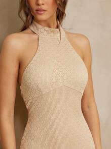 L'Amorae Women's Elegant Pattern Crochet SleevelessHalter Neckline Fitted Fishtail Hem Summer Vacation Maxi Dress, Summer Outfits For Women, Vacation Outfits, 4th Of July Outffits, Beach Outfits For Woman - Brown - View 4