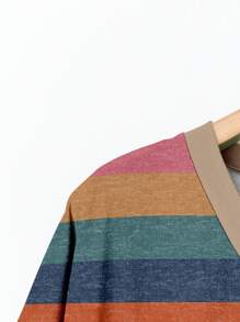 Mellowie 度假休闲复古拼色条纹图案宽松短袖 V 领口袋 T 恤，大码女款，适合夏季 - 彩色 - 查看 6