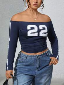 INAWLY Plus Size Off-Shoulder Top, Fashionable For Summer - Blue - View 1