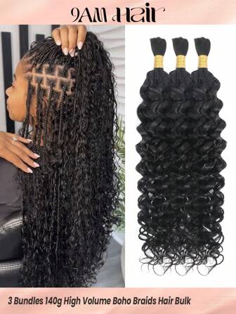 Boho Braids 3 paquets de cheveux de tressage à volume élevé, en vrac sans trame, vague d'eau, cheveux humains de couleur noir naturel. Extension capillaire pour tresses sans nœud, poids suffisant pour toute la tête de 140 g