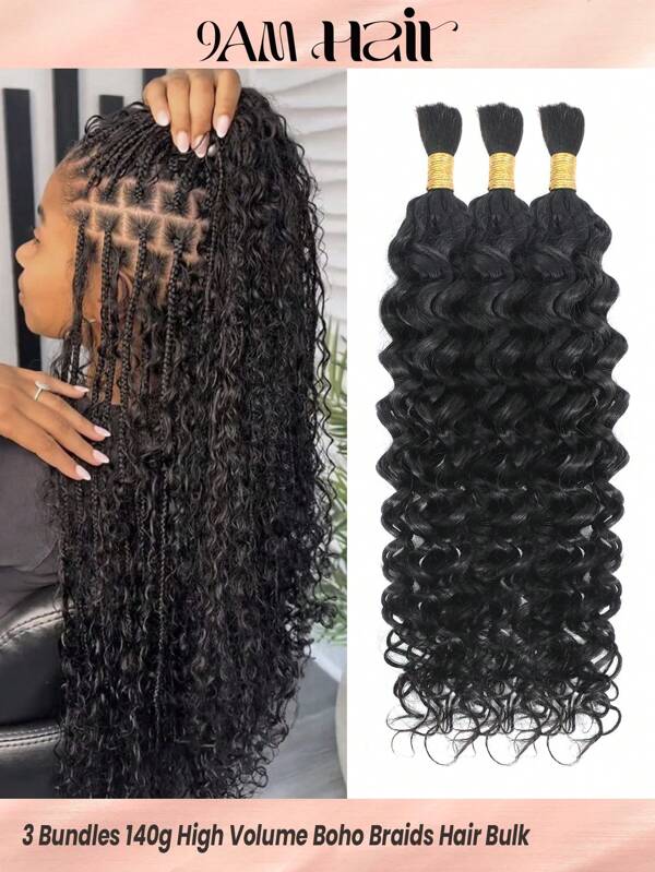 Boho Braids 3 bundels vlechthaar met hoog volume, bulk, geen inslag, watergolf, haakwerk, menselijk haar, natuurlijke zwarte kleur, haarverlenging, voldoende vol hoofdgewicht, 4,93 ounce, knooploze vlechten, haarverlengingen