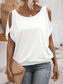 Zayélia Solid Cold Shoulder Tie Back Tee - White - View 6