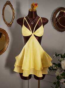 Amplova 女式性感简约纯色交叉露背多层下摆吊带背心迷你连衣裙，夏季