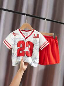 SHEIN 2pcs Baby Boy Casual Sports 23 Number Print V-Neck Short Sleeve T-Shirt And Shorts Set, Baby Boy Clothes Streetwear Baby Boy Clothes Sporty Boy Clothes Baby Boys Clothes Baby Boy Summer Clothes Baby Boys Sets Baby Boy Clothes Sporty Baby Boy Sports Clothes Baby Boy Jersey Boy Clothes Set Boy Clothes For Baby Summer Boy Clothes For Baby Infant Baby Boys Clothes Kid Clothes Toddler Clothes Baby Outfit 6M-3T