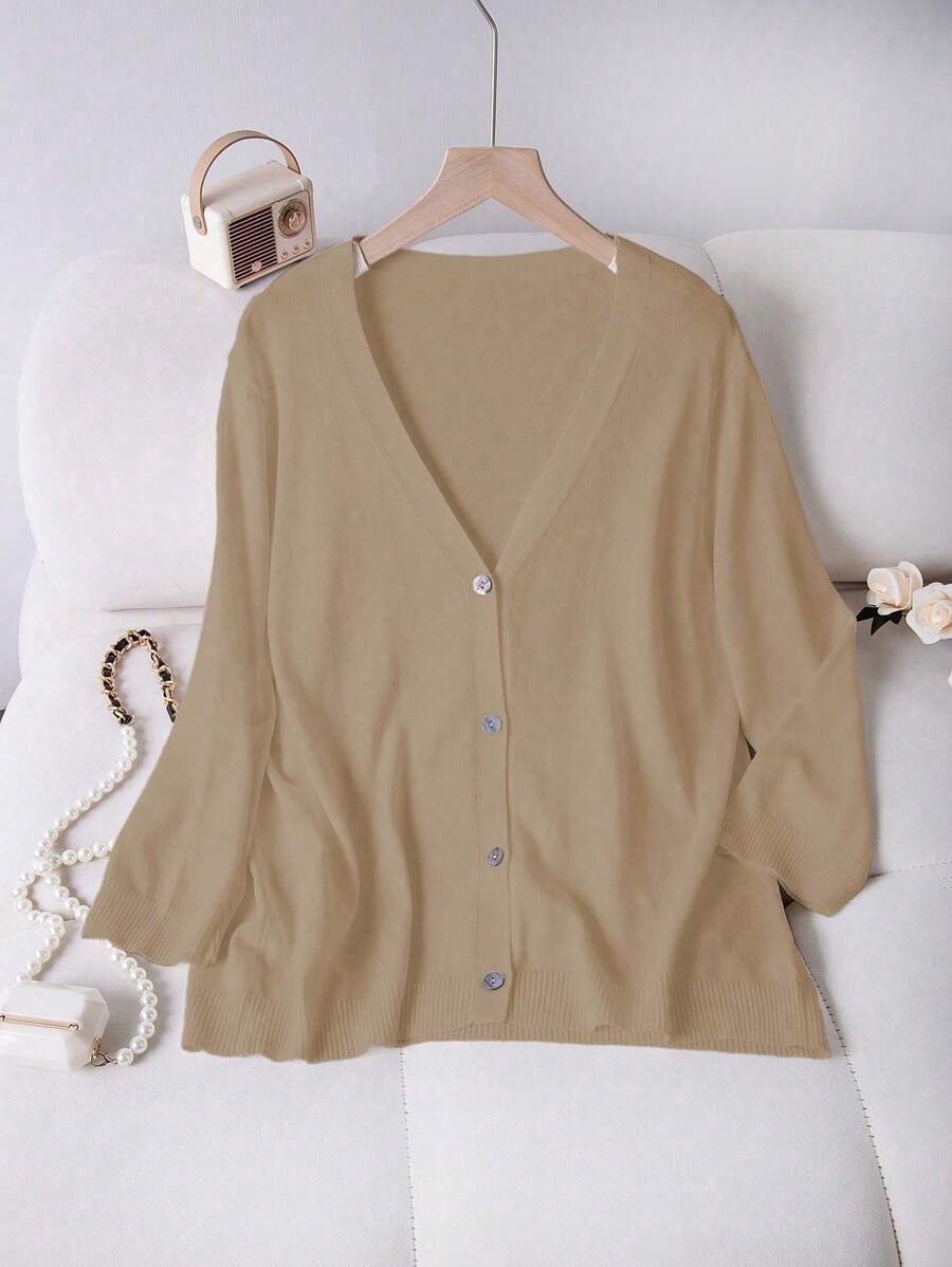 SHEIN LUNE 大码女式休闲简约纯色V领落肩宽松薄款开衫 - 駝色 - 查看 1