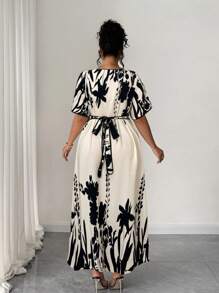 Elenzga 大码女式优雅淑女时尚休闲 V 领前扣腰系带撞色长裙 - 彩色 - 查看 2