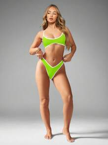 MISSGUIDED Vibrant Scoop Neck Bikini With Contrasting Trim Summer Swim Collection High Cut Brazilian Bottom Beachwear Adjustable Straps Resort Pool Party - Green - View 6
