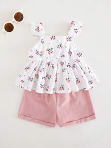 Cozy Pixies Baby Girl Floral Print Cap Sleeve Top And Elastic Waist Shorts 2 Pieces Set