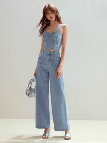 MOTF STUDIO RHINESTONE DETAIL PATCH POCKET WIDE LEG JEANS