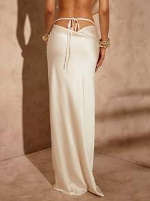 Hauture Damen Sommer Sexy Abend Urlaub Elfenbein Satin Lange Maxi Rock mit tiefem Rückenausschnitt