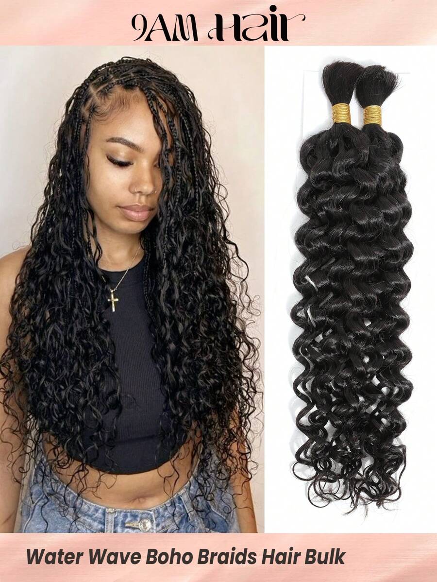 Boho Braids 2pcs Braiding Hair Bulk No Weft Water Wave Crochet Human Hair Natural Black Color Knotless Braids Virgin Human Hair Extensions - Natural Black - View 1