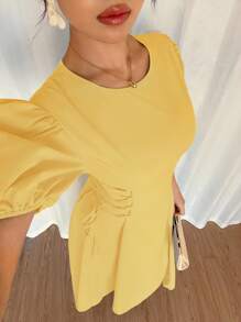 Elenzga 2025夏季婚礼法式蓝色常规肩泡泡袖收腰侧系带修身浪漫度假连衣裙，高端唯美 - 黃色 - 查看 4