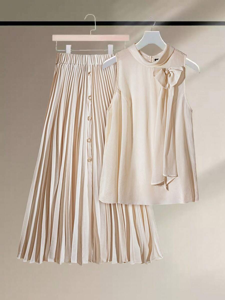 SHEIN Clasi Set elegant de două piese pentru femei, mărimi mari, pentru vacanță de vară - Caisă - Vizualizare 1