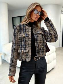 Lavishia 秋冬格纹翻盖口袋前开式粗花呢大衣