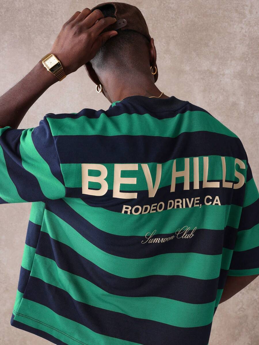 SUMWON Áo thun Retro Beverly Hills Athletic Club Summer Streetwear có họa tiết sọc cỡ lớn Bộ sưu tập Rodeo Drive Giải trí Thường ngày Cổ điển Thoải mái - màu xanh lá - Xem 1