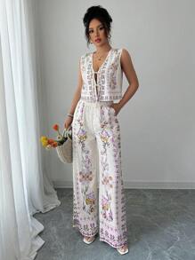 Elenzga 女式无袖上衣和裤子两件套，夏季时尚 - 紫色 - 查看 4