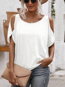 Zayélia Solid Cold Shoulder Tie Back Tee - White - View 7