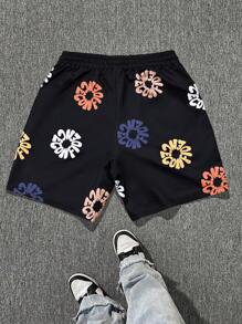 Manfinity LEGND Shorts casuales diarios sueltos con cordón y bolsillos estampados para hombre de talla grande
