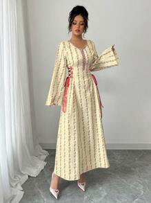 Yasmyna 女式碎花编织长袖荷叶边系带阿拉伯风格连衣裙 - 黃色 - 查看 5