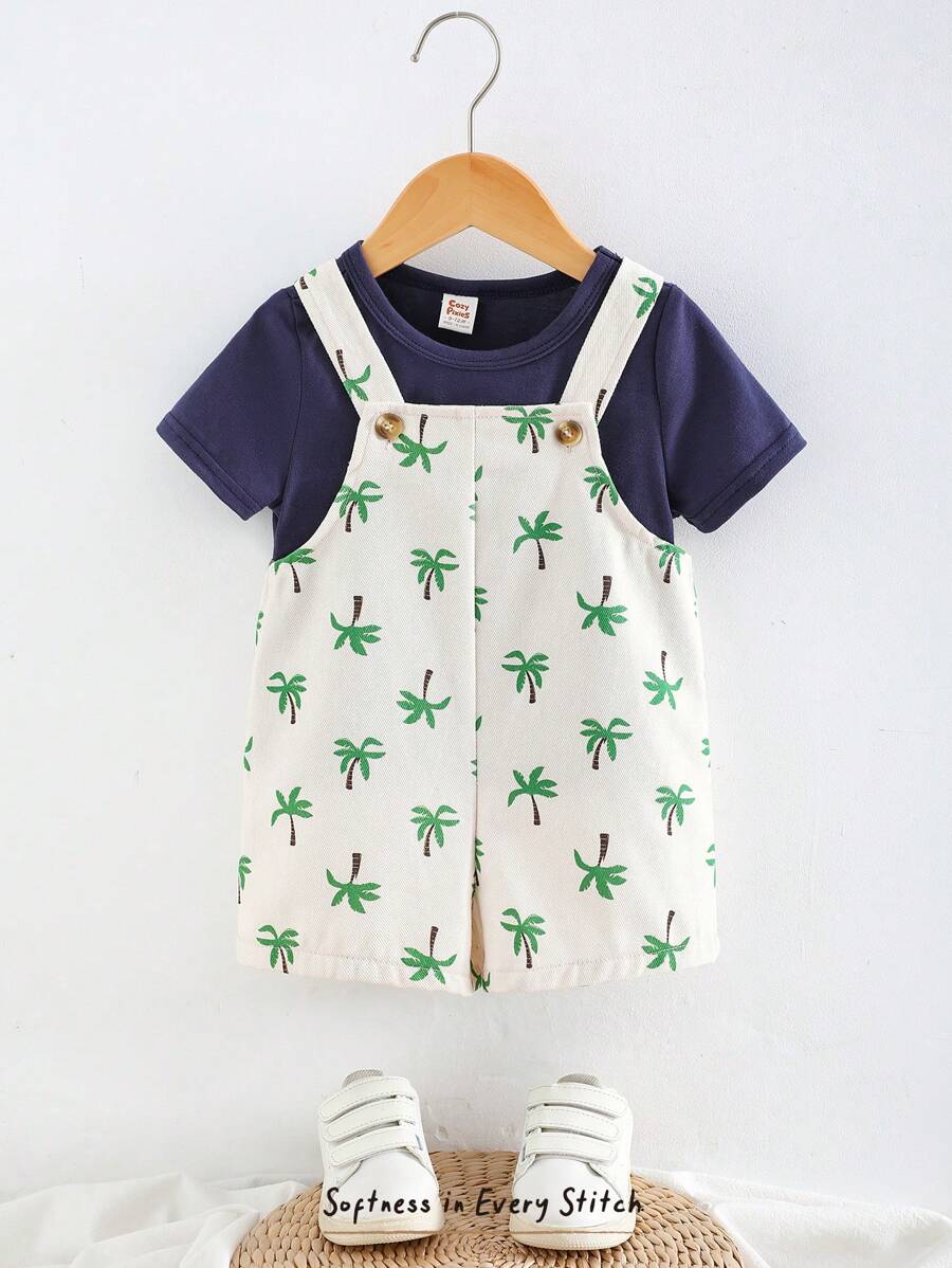 Cozy Pixies 2pcs Baby Boy Solid Knit Soft Crew Neck Short Sleeve Top And Coconut Tree Pattern Bib Overall Shorts Set - Multicolor - View 1