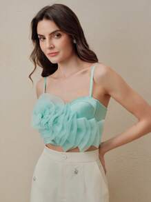 Anewsta Summer Camisole Spaghetti Strap Crop Top Overlay With Voluminous Organza Floral