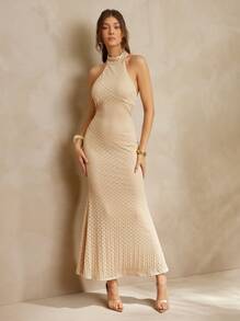 L'Amorae Women's Elegant Pattern Crochet SleevelessHalter Neckline Fitted Fishtail Hem Summer Vacation Maxi Dress, Summer Outfits For Women, Vacation Outfits, 4th Of July Outffits, Beach Outfits For Woman - Brown - View 1