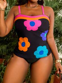 Slaydiva 2pcs Plus Size Women Floral Print Black Base Halter Tankini Top With Drawstring High Waist Bottoms, Summer Beach Vacation - Multicolor - View 6