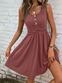 SHEIN PETITE Women's Petite Twist Front Button Detail Casual Dress, Beach Resort Wear