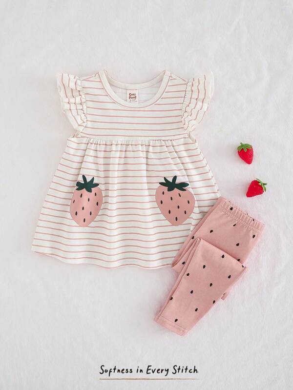 Cozy Pixies Set de 2 piezas con blusa de cuello redondo con volantes y estampado de fresas, y pantalones de cintura elástica para bebé niña