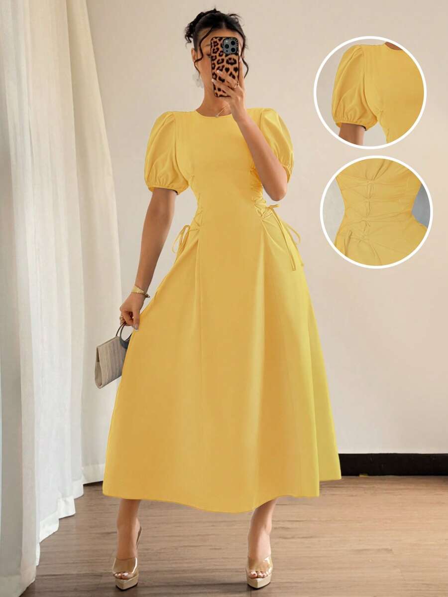 Elenzga 2025夏季婚礼法式蓝色常规肩泡泡袖收腰侧系带修身浪漫度假连衣裙，高端唯美 - 黃色 - 查看 1