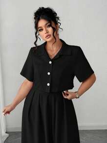 Elenzga Plus Size Women Elegant Fashion Personalized Versatile Artistic Style Lady Two-Piece Set: Short Sleeve Jacket + Maxi Dress, Suitable For Summer, Back To School, Graduation, Holiday, Valentine's Day, Music Festival, Mother's Day, Halloween, Thanksgiving, Easter, National Holiday, Dance Party, Date, Outdoor Activities - Black - View 5