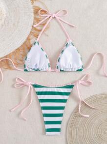 Swim Mod 2 件绿色花卉印花性感露背吊带系带女式泳衣套装，夏季