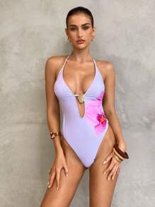Swim Chiccia Women Floral Print Hollow Halter Monokini Swimsuit For Summer Beach Vacation - Multicolor - View 3