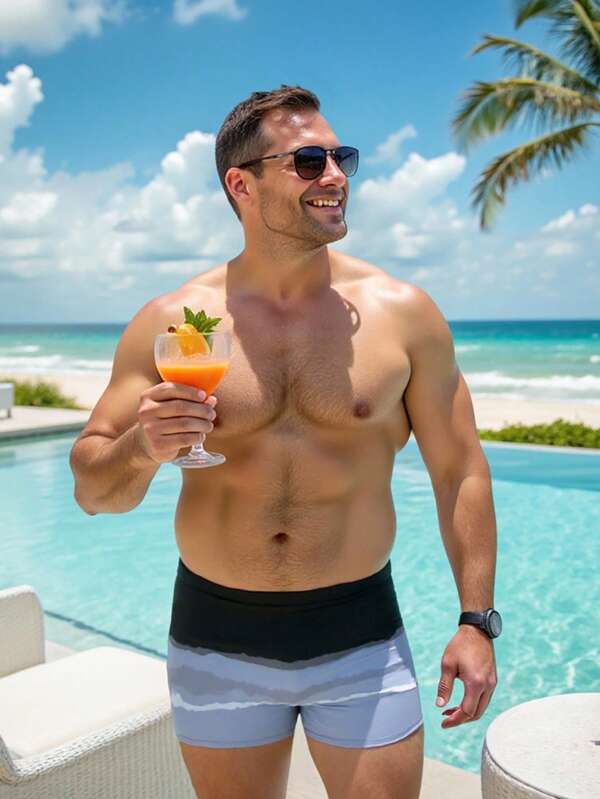 Manfinity Swimmode Plus Size Men's Color Block Slim Fit Beach Casual Square Swimming Trunks, Summer