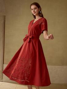 MOTF PREMIUM Heavy Work V-Neck Hollow Out Crochet Waist Cinching Dress - Red - View 4