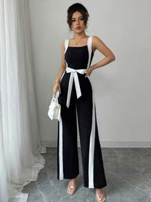 Elenzga Women's Elegant Square Neck Colorblock Jumpsuit, Tight And Wide-Leg Style, Suitable For Work And Daily Wear - Black - View 6