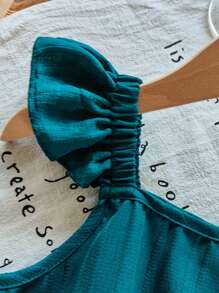 女童夏季衬衫套装，盖袖荷叶边细节纹理面料吊带背心衬衫和纹理面料长裤，适合夏季度假简约装 - 綠色 - 查看 4