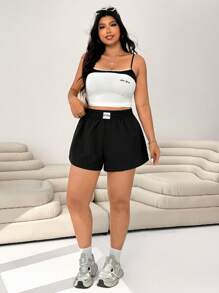 SHEIN EZwear Quần short đen rộng rãi in chữ mùa hè cho nữ cỡ lớn cạp chun - màu đen - Xem 7