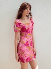 MOTF STUDIO SQUARE NECK JACQUARD DRESS - Hot Pink - View 1